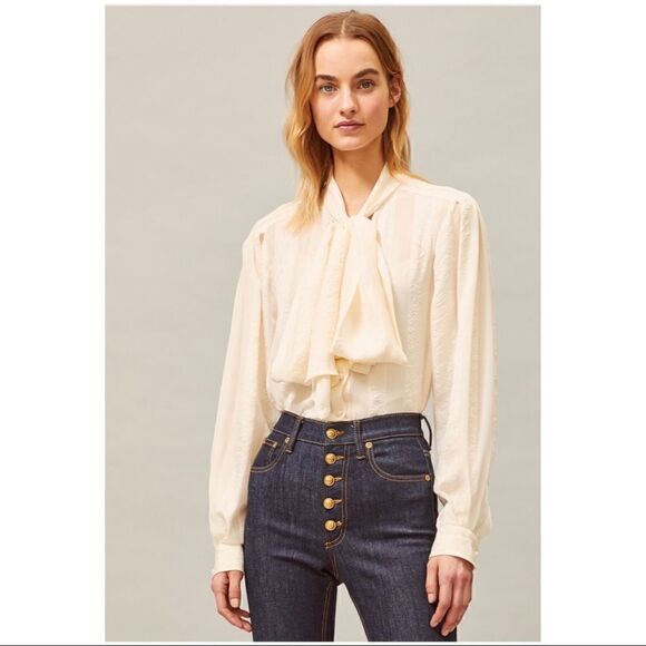 Tory Burch New Ivory Floral Chiffon Bow Blouse Size 4 - Picture 1 of 11